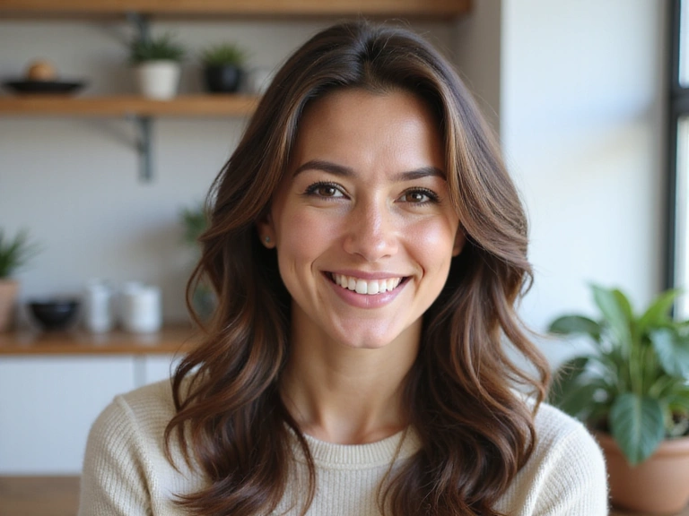 Επαγγελματική φωτογραφία της διατροφολόγου, χαμογελαστή και φιλική, σε ένα φωτεινό και μοντέρνο γραφείο.